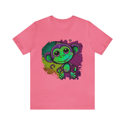 psychedelicBRANDz's Vibrant Forest Frolic featuring a monkey in a psychedelic design on a pink shirt