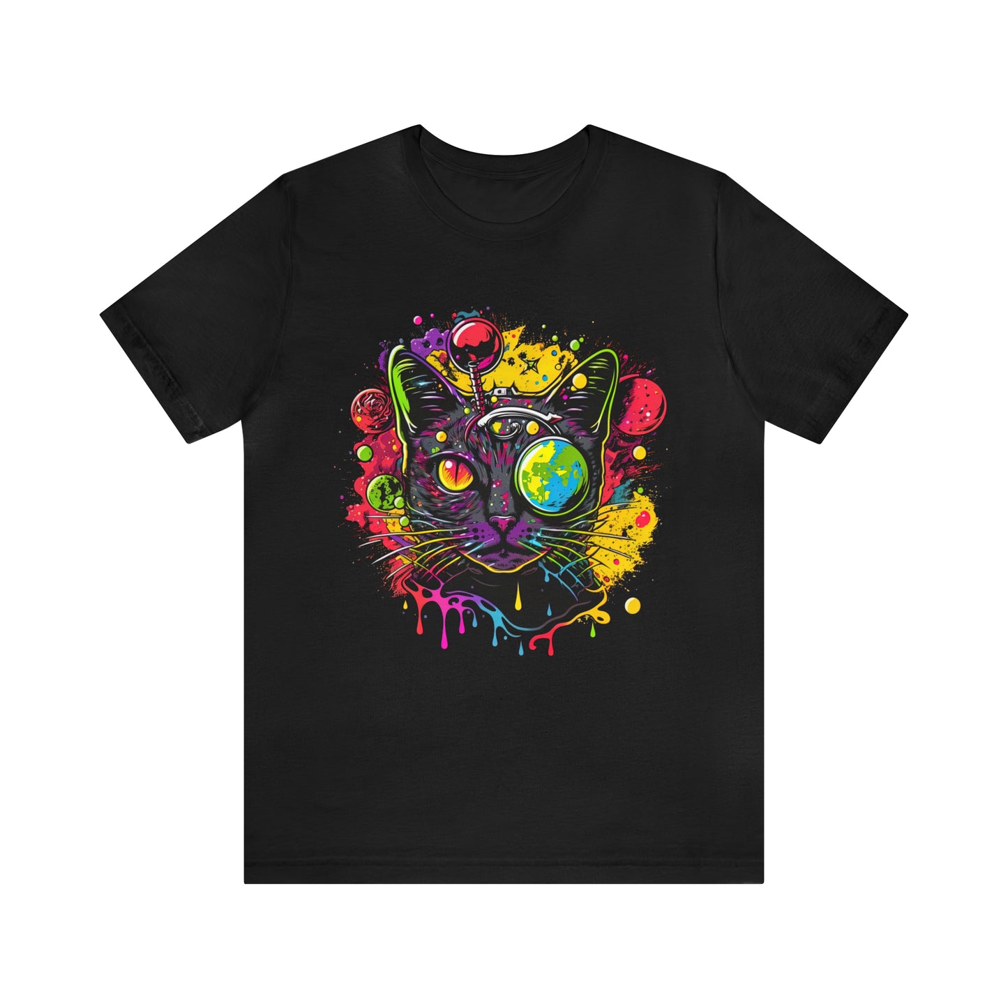 psychedelicBRANDz's Circuit Pawsader featuring a SiFi cat in a psychedelic design on a black shirt