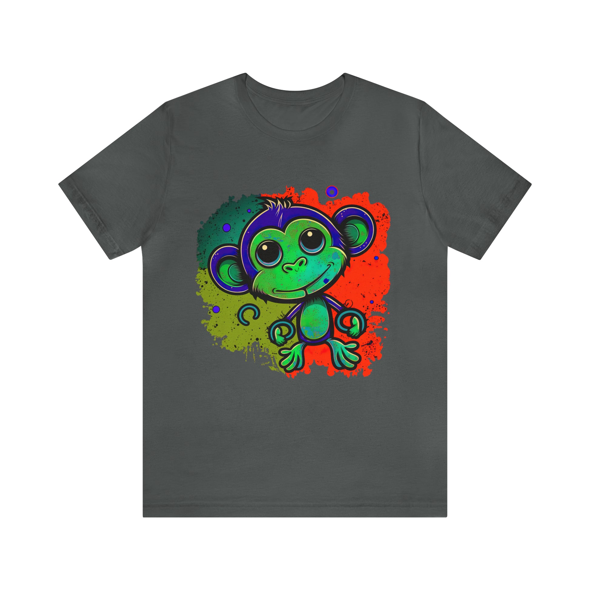 psychedelicBRANDz's Vibrant Forest Frolic featuring a monkey in a psychedelic design on an asphalt shirt