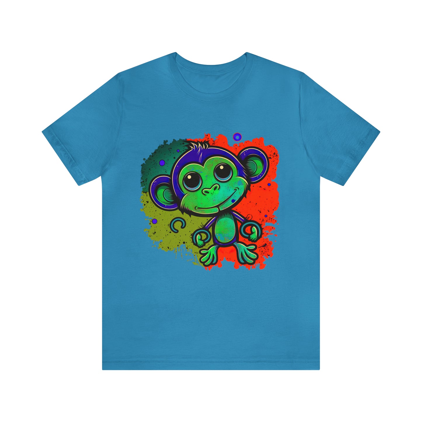 psychedelicBRANDz's Vibrant Forest Frolic featuring a monkey in a psychedelic design on an aqua shirt