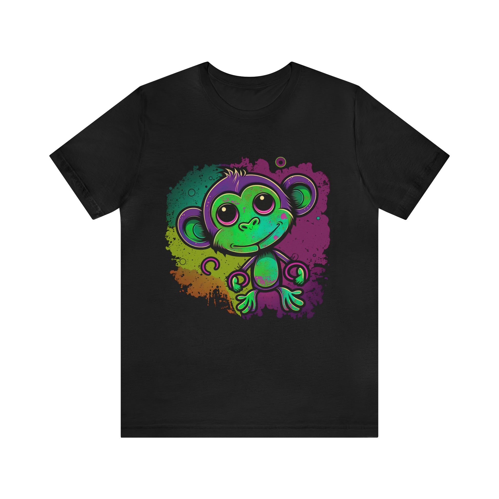 psychedelicBRANDz's Vibrant Forest Frolic featuring a monkey in a psychedelic design on a black shirt