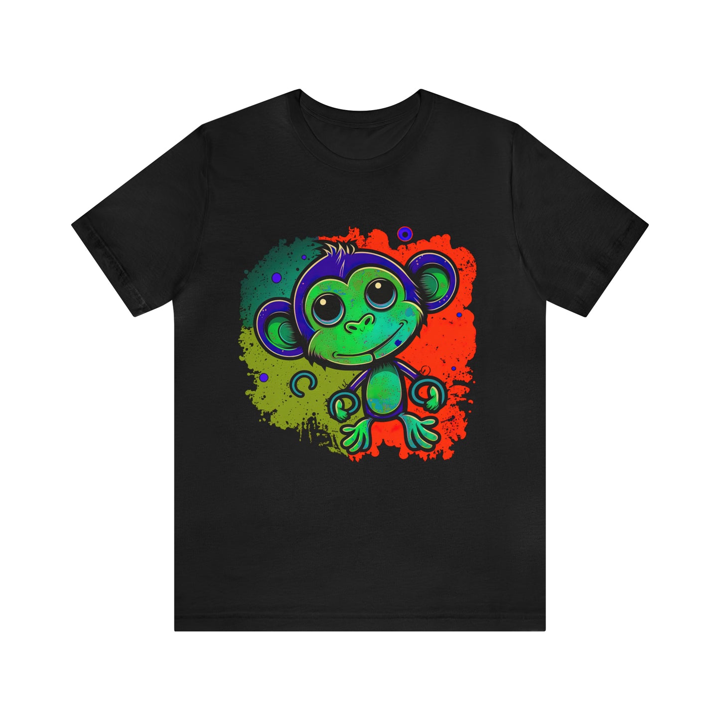 psychedelicBRANDz's Vibrant Forest Frolic featuring a monkey in a psychedelic design on a black shirt