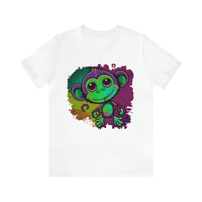 psychedelicBRANDz's Vibrant Forest Frolic featuring a monkey in a psychedelic design on a white shirt
