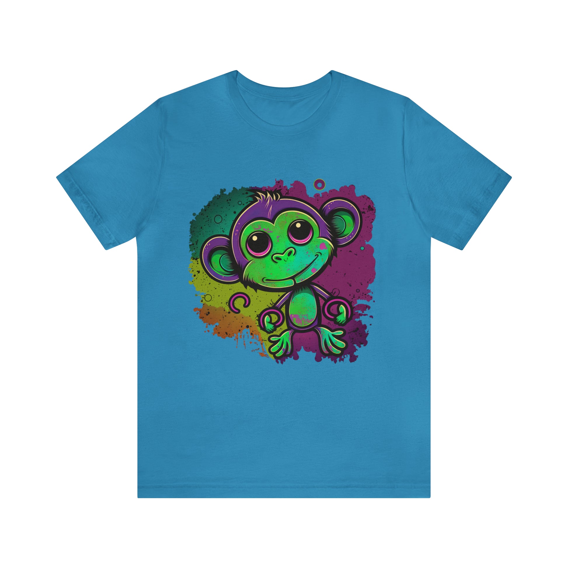 psychedelicBRANDz's Vibrant Forest Frolic featuring a monkey in a psychedelic design on an aqua shirt
