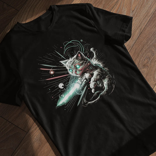 psychedelicBRANDz's Cosmic Purr-sader featuring a warrior space cat on a black shirt