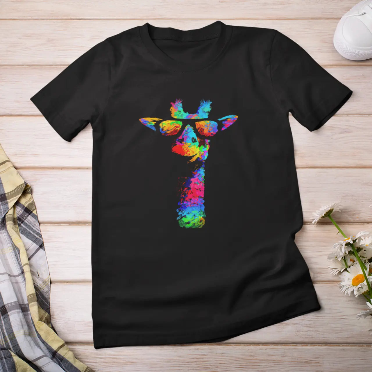 psychedelicBRANDz's Kaleidoscope Neckstretch featuring a colorful giraffe on a black shirt