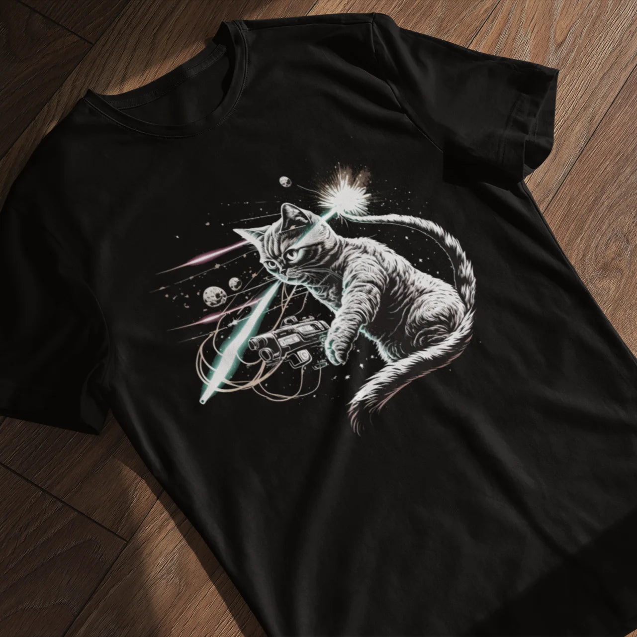 psychedelicBRANDz's Nebula Nightprowler featuring a warrior space cat on a black shirt