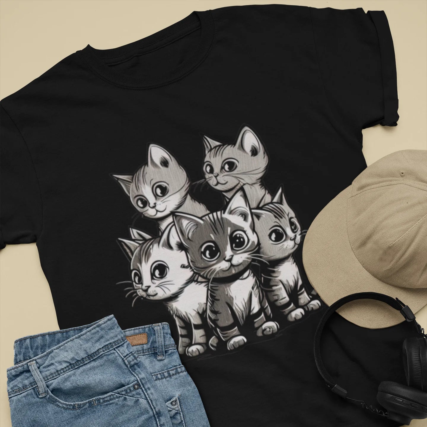 psychedelicBRANDz's Nocturnal Whisker Symphony featuring a group of cats on a black shirt