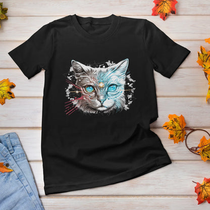 psychedelicBRANDz's Quantum Whiskerstrider featuring a futuristic space cat on a black shirt