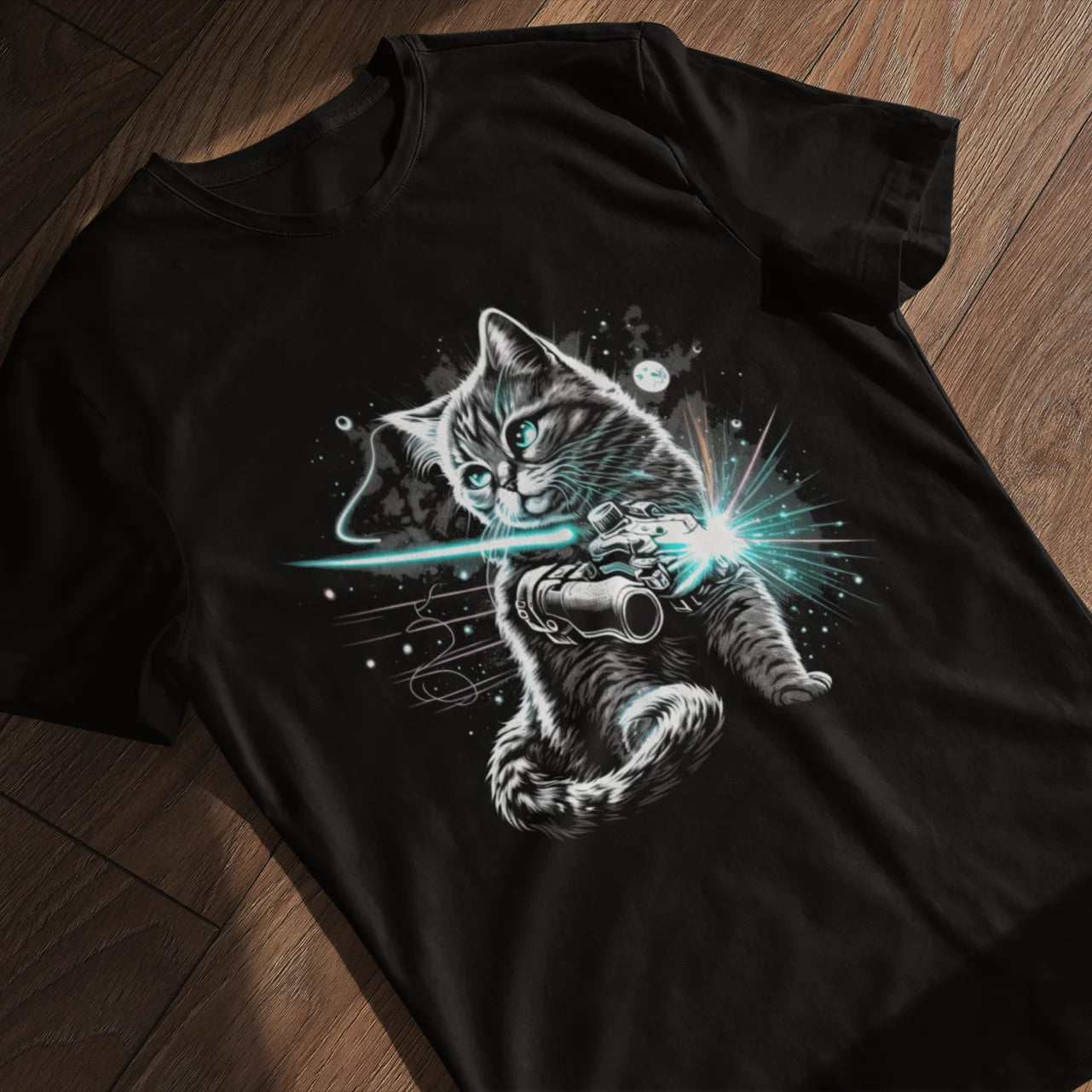 psychedelicBRANDz's Starlight Saberclaw featuring a warrior space cat on a black shirt