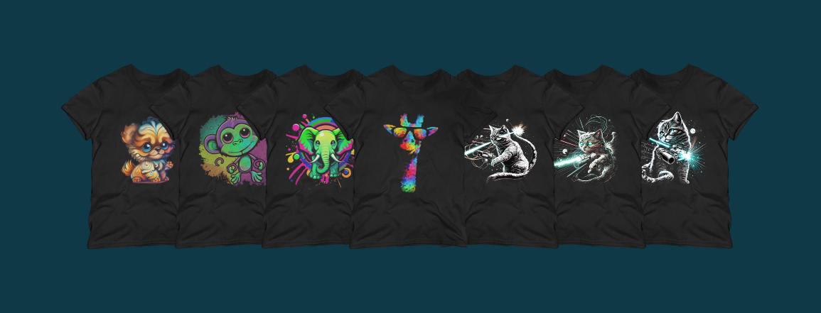 Picture collage of six shirts from psychedelicBRANDz, featuring cute animals